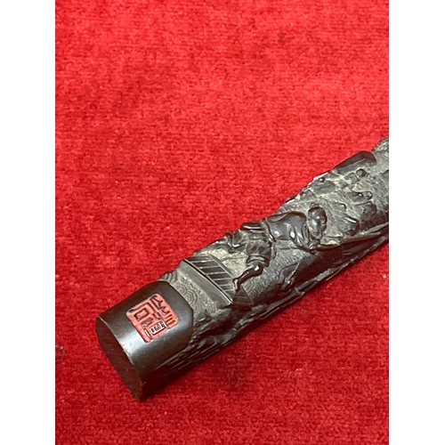 5 - CARVED CHINESE SCROLL ROD - DESK PAPER WEIGHT WITH RED SEAL MARK. DETAILED CARVING OF FIGURES IN A L... 