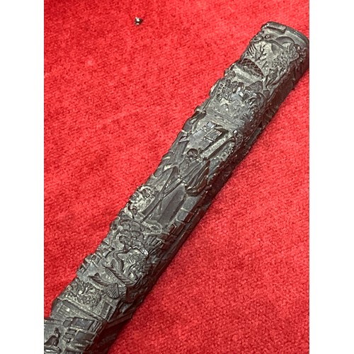 5 - CARVED CHINESE SCROLL ROD - DESK PAPER WEIGHT WITH RED SEAL MARK. DETAILED CARVING OF FIGURES IN A L... 