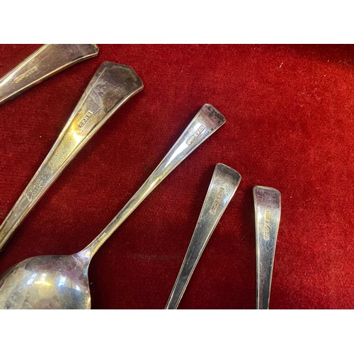 39 - Boxed EPNS silver plated serving and soup spoons.