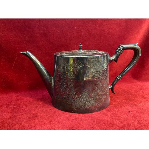 42 - Victorian silver plated tea pot, engraved with a foliate design. Marks on the underside for Lloyd, P... 