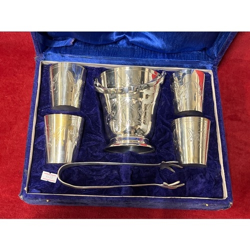 16 - BOXED SET OF SILVER PLATED WINE TUMBLERS WITH MATCHING ICE BUCKET AND ICE TONGS