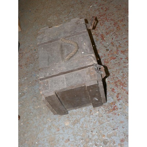 326 - SMALL VINTAGE WOOD AMMUNITION BOX WITH ROPE HANDLE