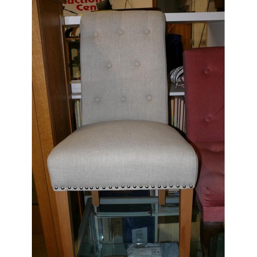 510 - CONTEMPORARY OATMEAL UPHOLSTERED BEDROOM CHAIR WITH BUTTON BACK PLUS A PINK UPHOLSTERED NURSING CHAI... 