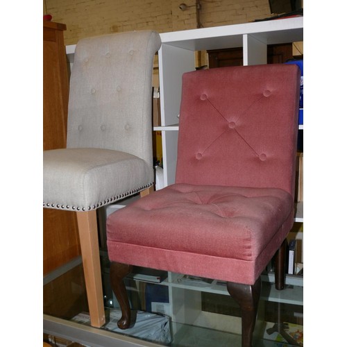 510 - CONTEMPORARY OATMEAL UPHOLSTERED BEDROOM CHAIR WITH BUTTON BACK PLUS A PINK UPHOLSTERED NURSING CHAI... 