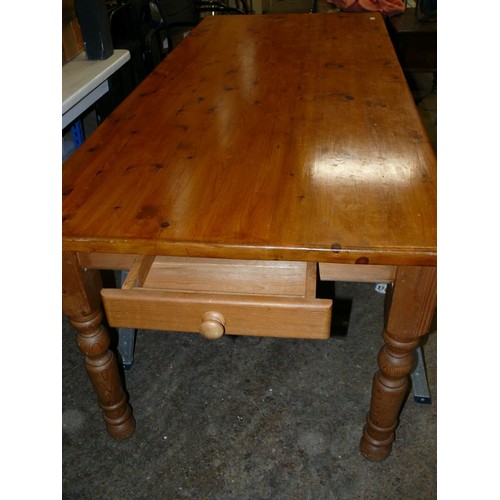 505 - VERY LARGE PINE FARMHOUSE TABLE 213CM X 91CM WITH TURNED LEGS