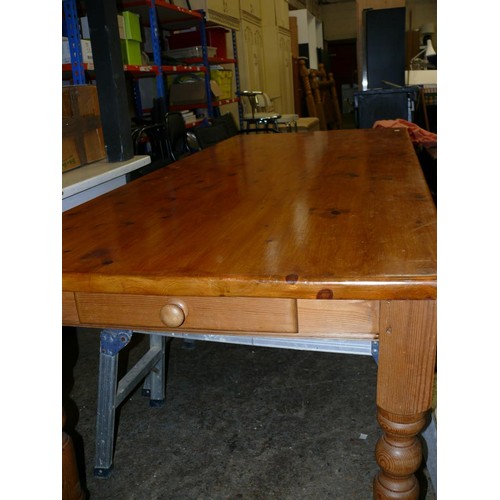 505 - VERY LARGE PINE FARMHOUSE TABLE 213CM X 91CM WITH TURNED LEGS