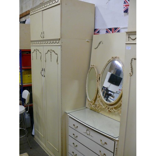 501 - LOUIS 14TH STYLE WARDROBE SET WITH 2 DOUBLE WARDROBES AND CHEST OF 5 DRAWERS WITH TRIPLE MIRROR AND ... 