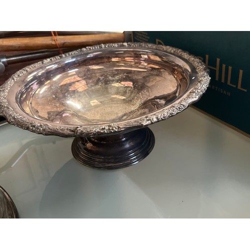 383 - LOVELY SILVERPLATE BOWL WITH ORNATE RIM AND A PAIR OF MATCHING BOTTLE COASTERS