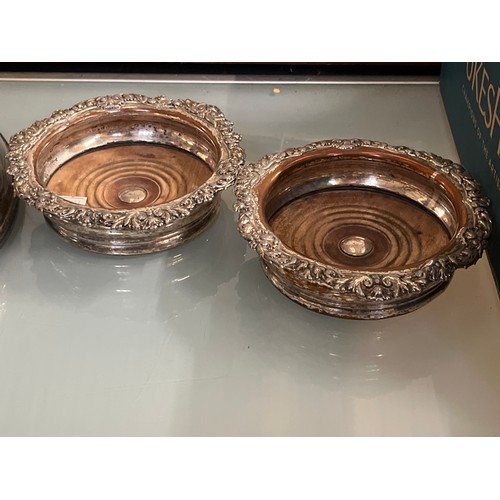 383 - LOVELY SILVERPLATE BOWL WITH ORNATE RIM AND A PAIR OF MATCHING BOTTLE COASTERS