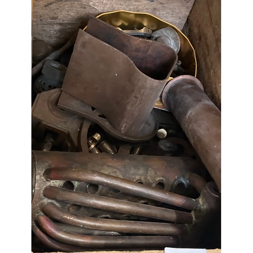 379 - LARGE WOODEN BOX OF METALWARE, MOSTLY COPPER