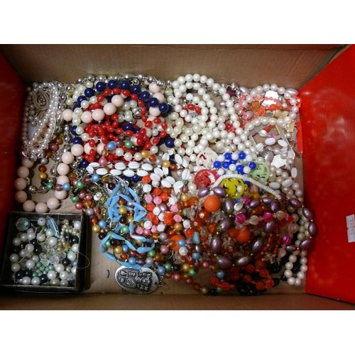 59A - SHOE BOX WITH CONTENTS OF VINTAGE COSTUME JEWELLERY - MOSTLY BEAD NECKLACES