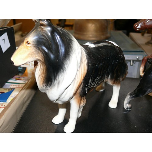 227D - 3x Vintage porcelain animal figurines, including a rough coated border collie, a Boston terrier and ... 