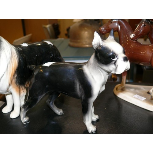 227D - 3x Vintage porcelain animal figurines, including a rough coated border collie, a Boston terrier and ... 