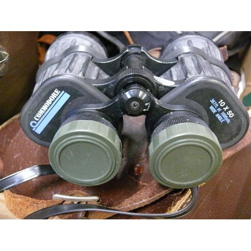 348 - LARGE BOX OF BINOCULARS AND OPERA GLASSES MANY WITH ORIGINAL CASES