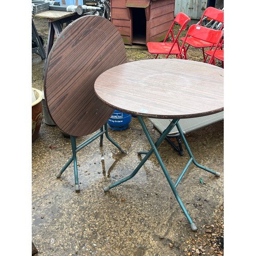 531 - A PAIR OF FOLDING GARDEN TABLES WITH CIRCULAR TOPS PLUS A SMALLER SQUARE ONE