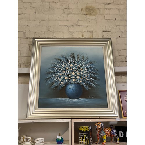 80 - LARGE FRAMED OIL PAINTING IN TEAL BLUE SUMMER FLOWERS