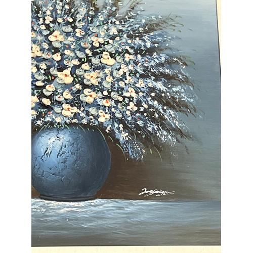 80 - LARGE FRAMED OIL PAINTING IN TEAL BLUE SUMMER FLOWERS