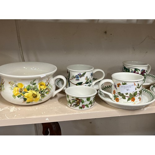 81 - PORTMEIRION BOTANIC GARDEN CUP AND SAUCERS X 5 PLUS RAMEKIN ALSO PORTMEIRION MINIATURE CHAMBER POT