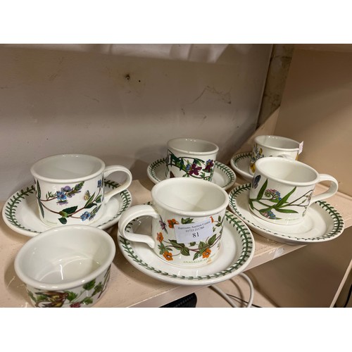 81 - PORTMEIRION BOTANIC GARDEN CUP AND SAUCERS X 5 PLUS RAMEKIN ALSO PORTMEIRION MINIATURE CHAMBER POT