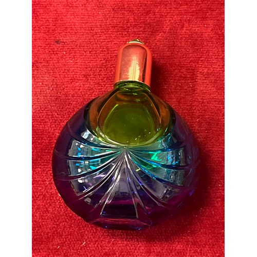 97 - CRYSTAL BOTTLE IN BLUE/GREEN WITH  GOLD LID WITH CRYSTAL GEM, MADE IN FRANCE