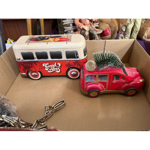 144 - MIXED BOX 2 CAMPER VAN TINS, CLOCK,CONTROLLER,  BOP IT BEATS AND A CORGI SALOON CAR