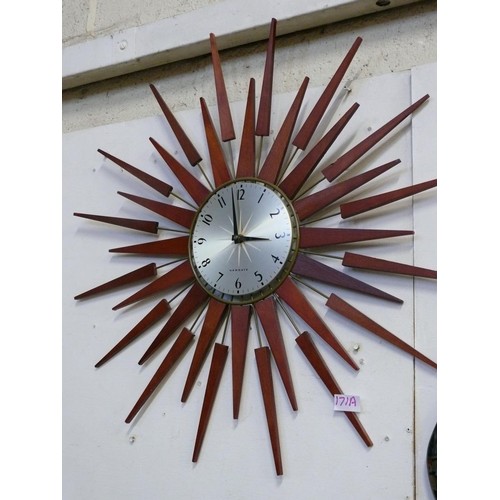 171A - RETRO TEAK SUNBURST CLOCK BY NEWGATE