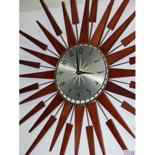 171A - RETRO TEAK SUNBURST CLOCK BY NEWGATE