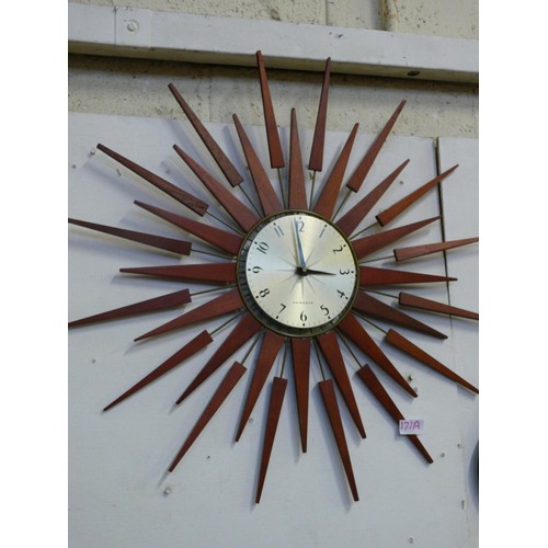 171A - RETRO TEAK SUNBURST CLOCK BY NEWGATE