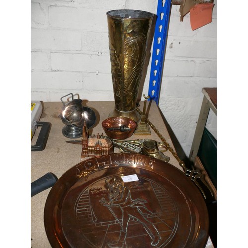 190 - COPPER 'JOHNNIE WALKER' ADVERTISING TRAY PLUS OTHER COPPER AND BRASS ITEMS