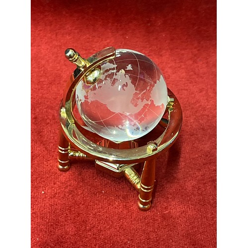 9 - A CRYSTAL GLOBE IN A BRASS STAND WITH ORIGINAL BOX