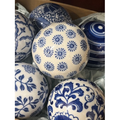 57 - 6 DECORATIVE BLUE & WHITE CERAMIC BALLS