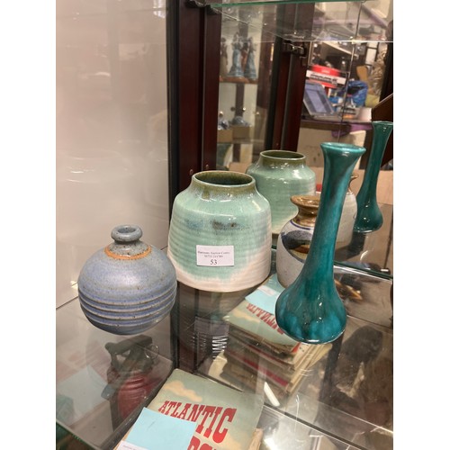 53 - SELECTION OF STUDIO POTTERY AND AN AMETHYST GLASS DIMPLED BOWL AND AN UNUSUAL GLASS BOTTLE VASE