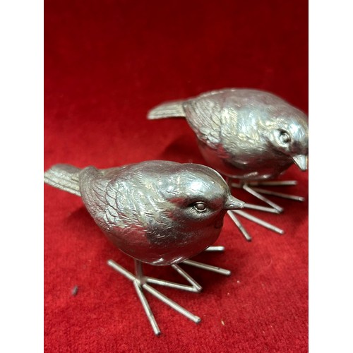 56 - TWO PAIRS OF METAL BIRD ORNAMENTS AND A BRASS MOUSE