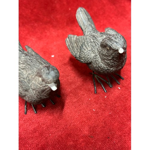 56 - TWO PAIRS OF METAL BIRD ORNAMENTS AND A BRASS MOUSE