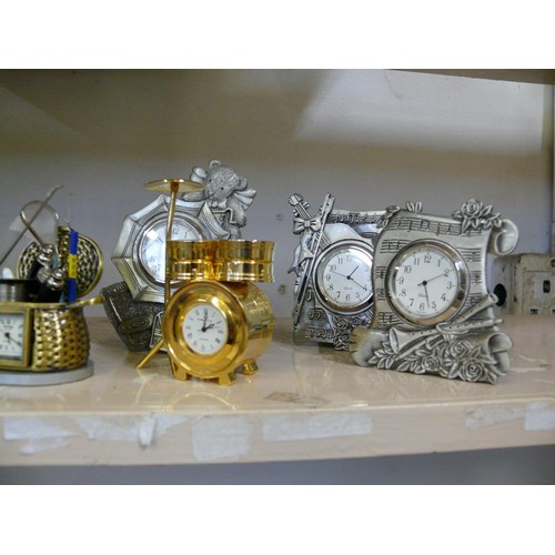 75 - COLLECTION OF NOVELTY CLOCKS TO INCLUDE TRACTOR, TOWER BRIDGE, FISHING, DRUM KIT ETC