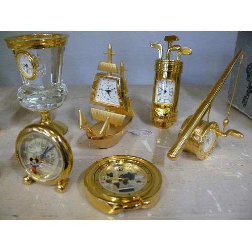 74 - COLLECTION OF BRASS AND CRYSTAL MINIATURE NOVELTY CLOCKS MICKEY MOUSE, STATUE OF LIBERTY, EDINBURGH ... 