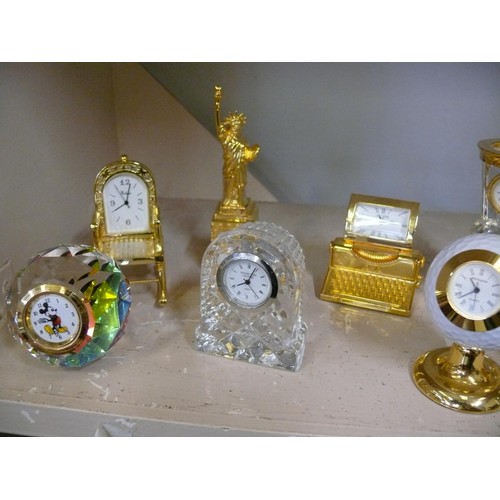 74 - COLLECTION OF BRASS AND CRYSTAL MINIATURE NOVELTY CLOCKS MICKEY MOUSE, STATUE OF LIBERTY, EDINBURGH ... 