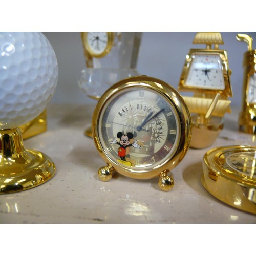 74 - COLLECTION OF BRASS AND CRYSTAL MINIATURE NOVELTY CLOCKS MICKEY MOUSE, STATUE OF LIBERTY, EDINBURGH ... 