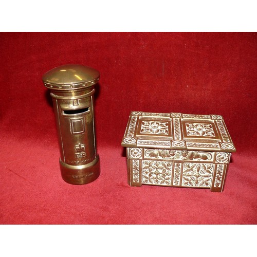 77 - HEAVY BRASS POST OFFICE POST BOX MONEY BOX AND AN ORNATE BRASS CHEST