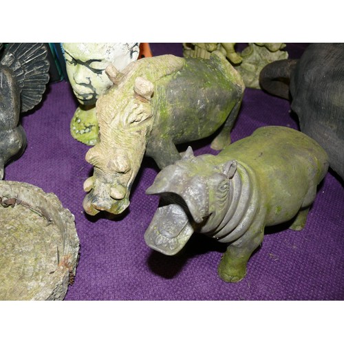 139 - 5 GARDEN ORNAMENTS TO INCLUDE HIPPO, AFRICAN HEAD, BIRD BATH, CHERUB