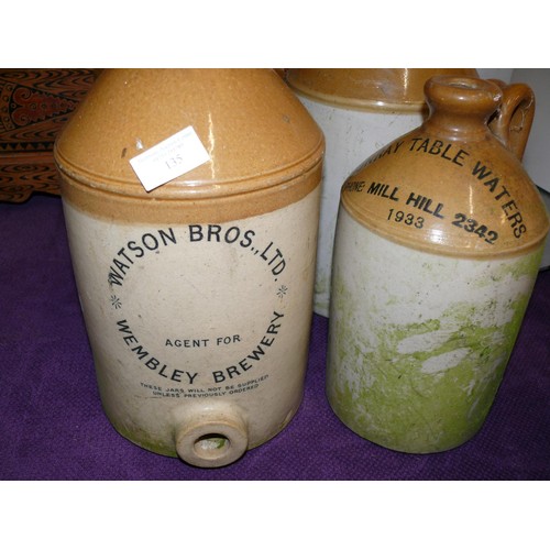 135 - 4 ANTIQUE STONEWARE FLAGONS INC WATSON WEMBLEY BREWERY, SUNRAY TABLE WATERS MILL HILL & BENSKINS WAT... 