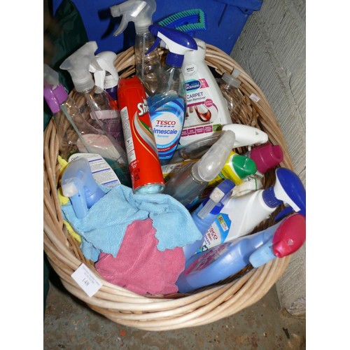 148 - GOOD STRONG WICKER LAUNDRY BASKET WITH A RETRO PEG BASKET AND CONTENTS OF CLEANING PRODUCTS