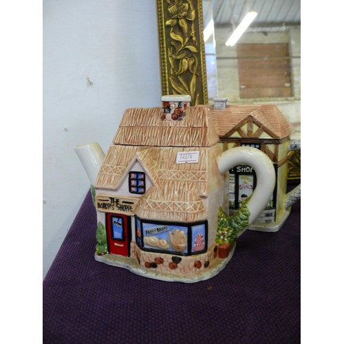 122 - 6 CERAMIC TEAPOTS FROM 'THE VILLAGE COLLECTION' BY ANNIE ROWE FLORIST, THE RED LION, CHEMIST, BOUTIQ... 