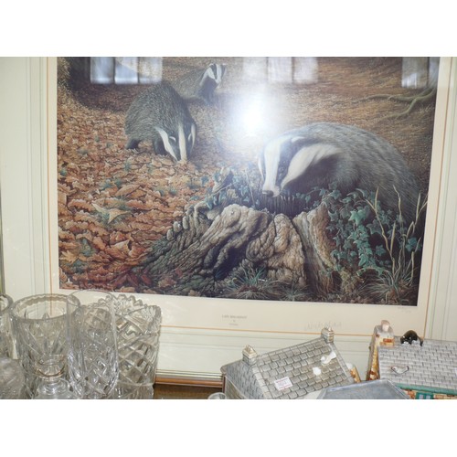 142 - LIMITED EDITION PRINT OF BADGERS IN WOODLAND 