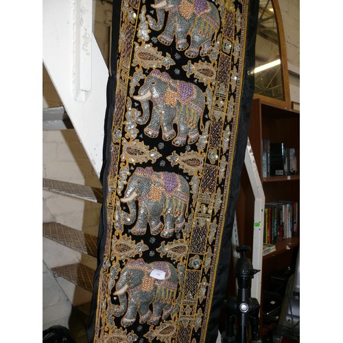 169 - BURMESE KALAGA WALL HANGING - HAND EMBROIDERED WITH SEQUINS DEPICTING 5 ELEPHANTS