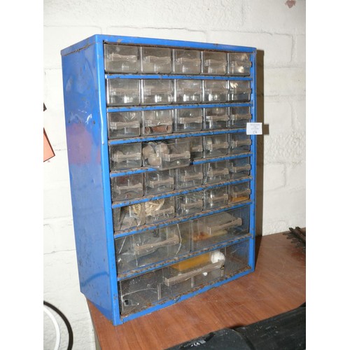 174 - METAL AND PLASTIC BANK OF MINI DRAWERS WITH CONTENTS OF HARDWARE - FERRULES, SCREWS ETC