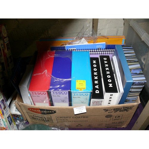 176 - BOX OF NEW STATIONERY INCLUDING DOCUMENT WALLETS, LINED PAD NOTEBOOKS BY OXFORD, BOX FILES, PENS ETC