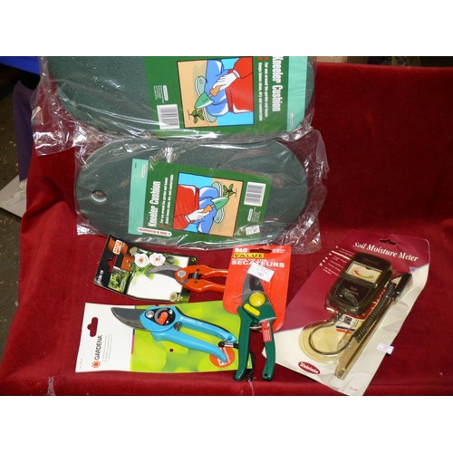 180 - NEW GARDENING ITEMS INCLUDING 3 PAIRS OF SECATEURS , SOIL MOISTURE METER AND KNEELER CUSHIONS