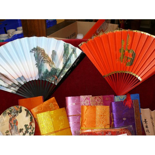 184 - 8 SILK COVERED NOTEBOOKS WITH HANDMADE PAPER, 2 BROCADE SPECTACLES CASES AND 5 FANS