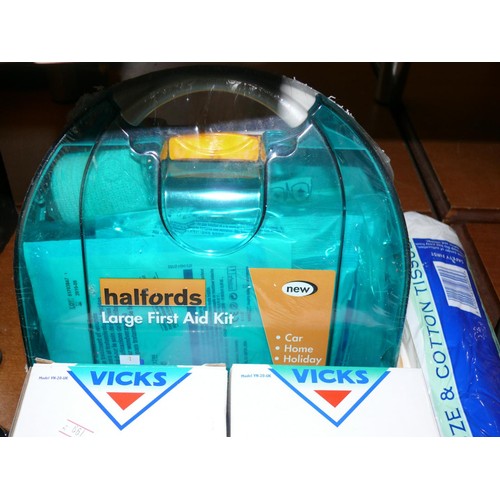 199 - NEW UNUSED ITEMS TO INCLUDE HALFORDS FIRST AID KIT, VICKS VAPORUB INHALATORS, ROLL OF ABSORBENT GAUZ... 